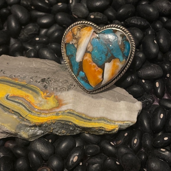 Sterling Silver Native American Sw Orange Spiny Turquoise Mix Heart Ring Adjust - Picture 2 of 9